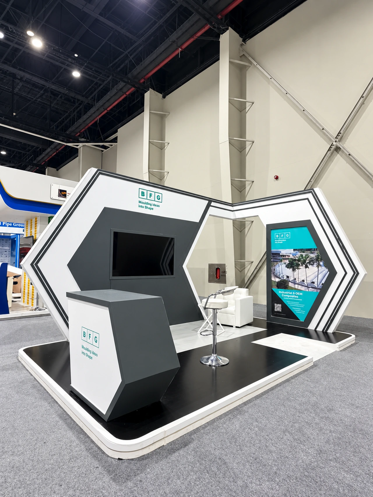 A booth with geometric facades